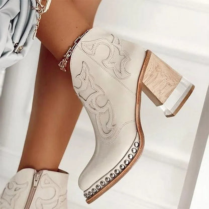 Women's studded western embroidered mule boots with chunky block heel – Vegas White