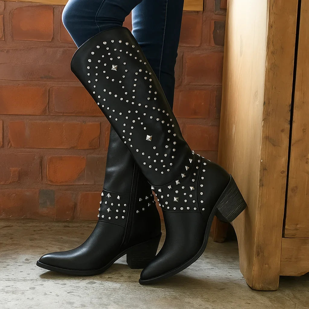 Women's studded western knee-high boots with pointed toe – Black
