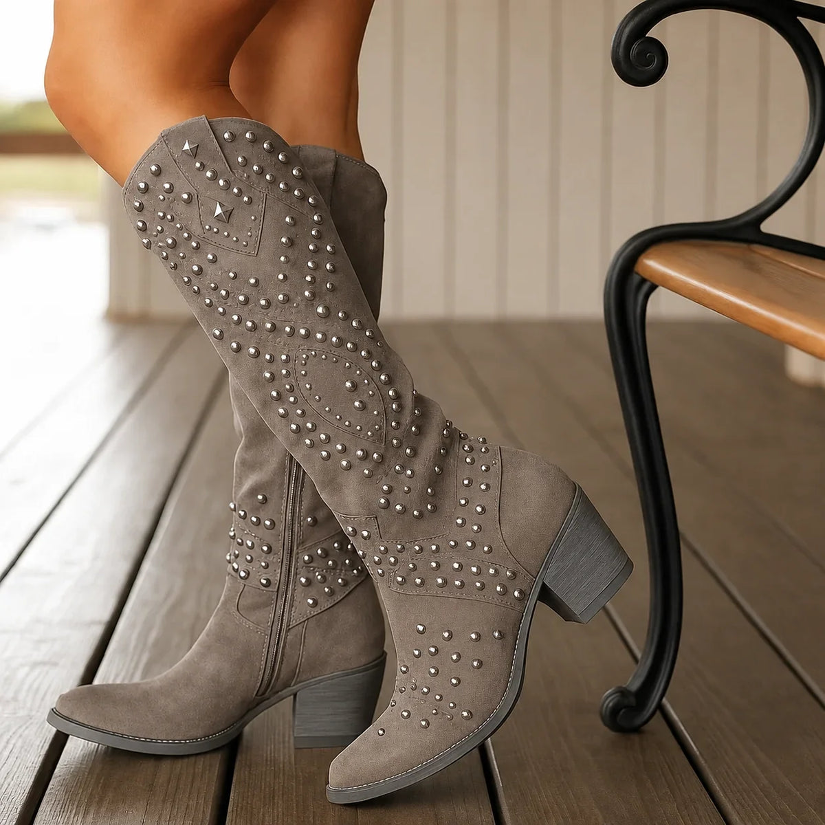 Women's studded western knee-high boots with pointed toe – Brown