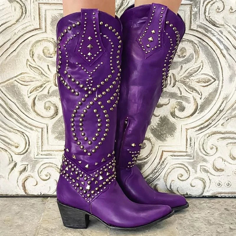 Women's studded western knee-high boots with pointed toe – Purple