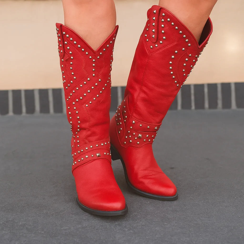 Women's studded western knee-high boots with pointed toe – Red