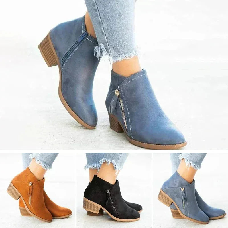 Women's suede ankle boots with side-zip low-heel design