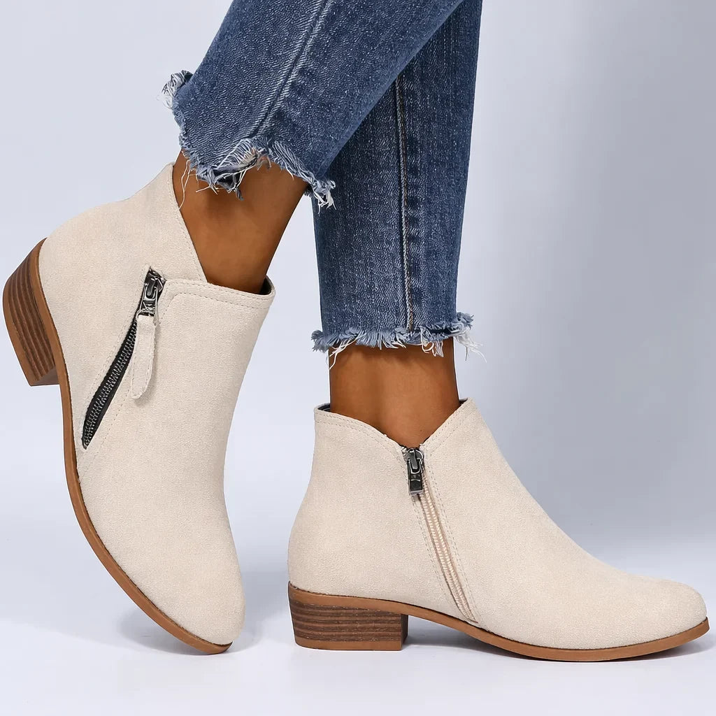 Women's suede ankle boots with side-zip low-heel design – Beige
