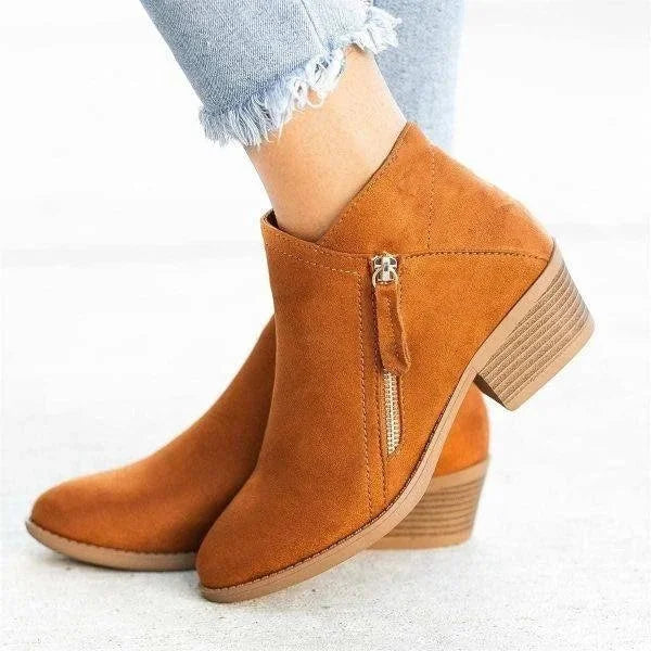 Women's suede ankle boots with side-zip low-heel design – Orange