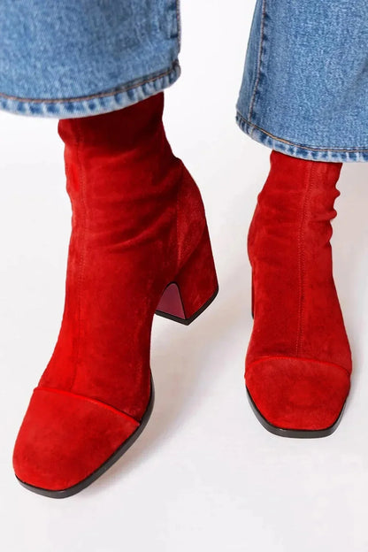 Women's suede ankle square-toe block-heel boots with back-zipper