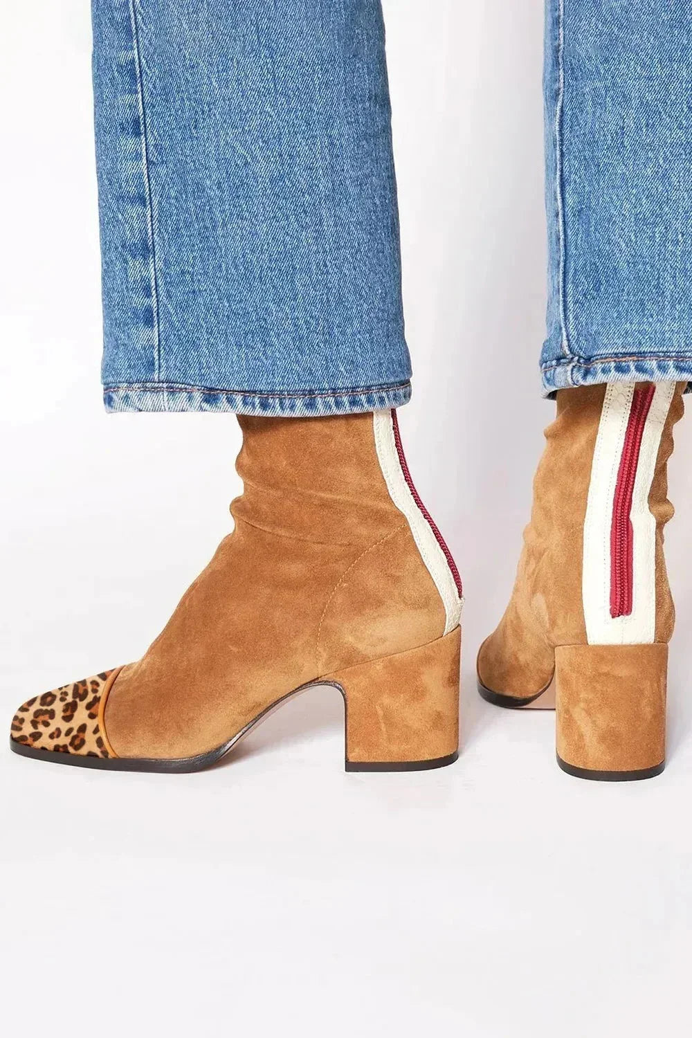 Women's suede ankle square-toe block-heel boots with back-zipper