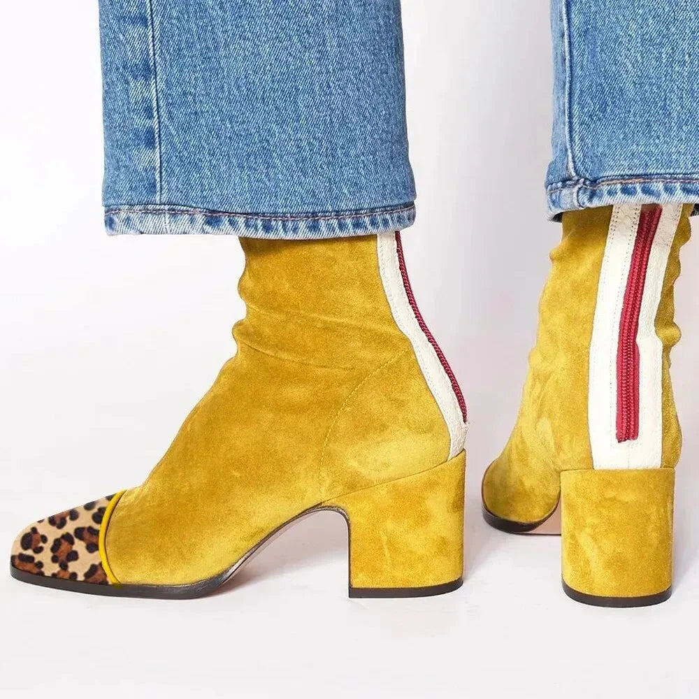 Women's suede ankle square-toe block-heel boots with back-zipper