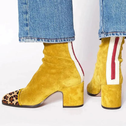 Women's suede ankle square-toe block-heel boots with back-zipper