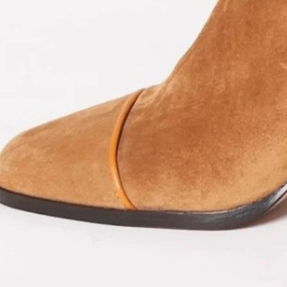Women's suede ankle square-toe block-heel boots with back-zipper