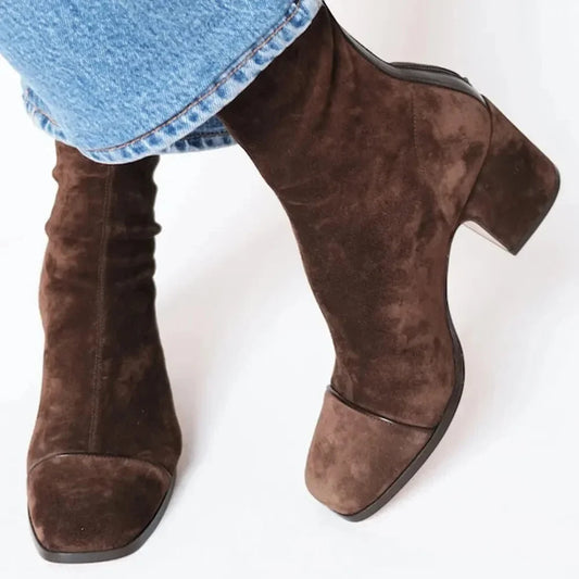 Women's suede ankle square-toe block-heel boots with back-zipper – Brown