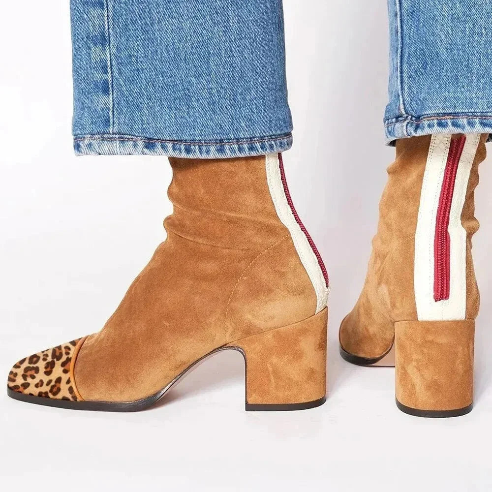 Women's suede ankle square-toe block-heel boots with back-zipper