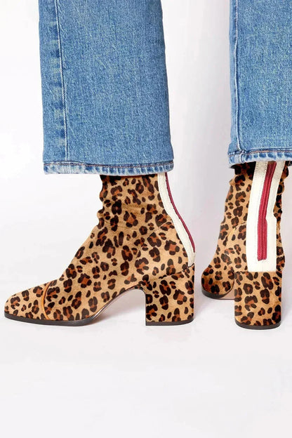 Women's suede ankle square-toe block-heel boots with back-zipper – Leopard-print