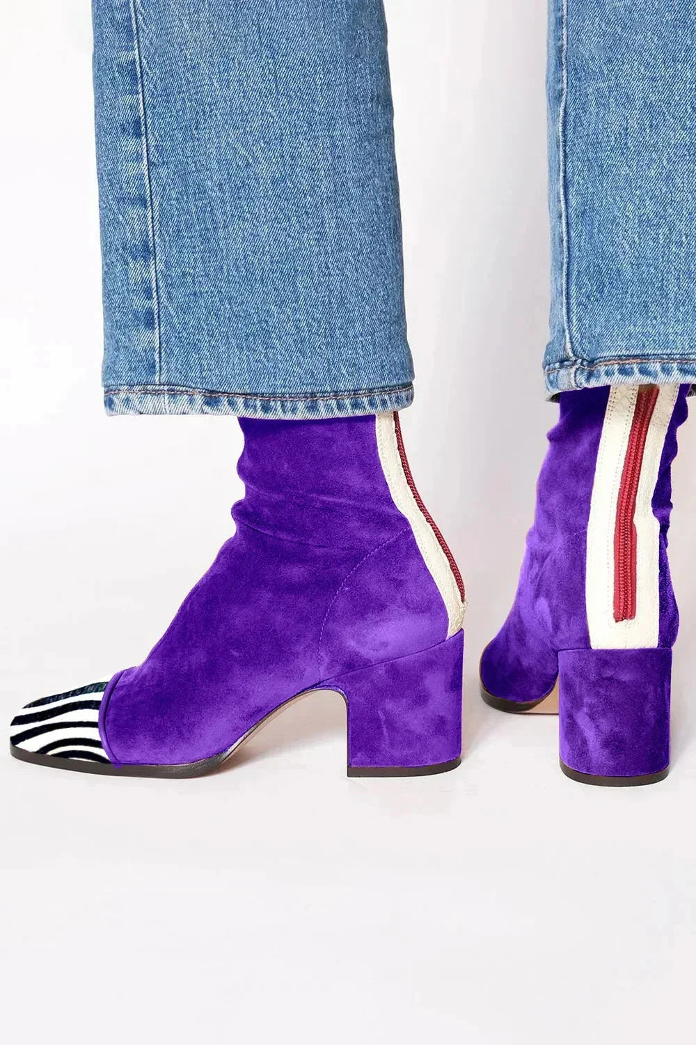 Women's suede ankle square-toe block-heel boots with back-zipper – Purple