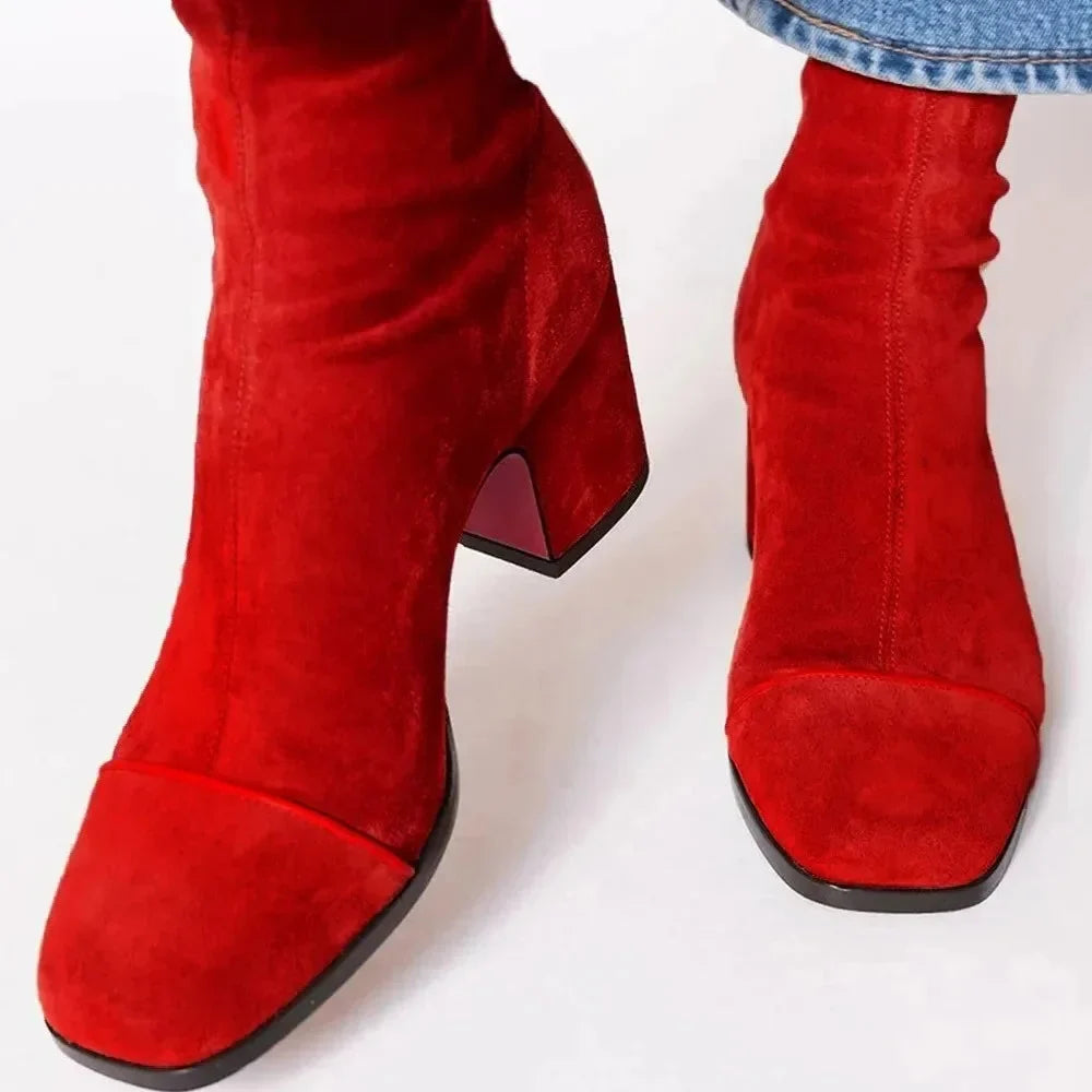Women's suede ankle square-toe block-heel boots with back-zipper – Red