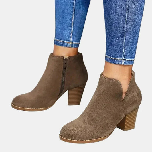 Women's suede block heel side-zip ankle boots – Beige