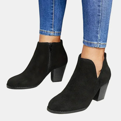 Women's suede block heel side-zip ankle boots – Black