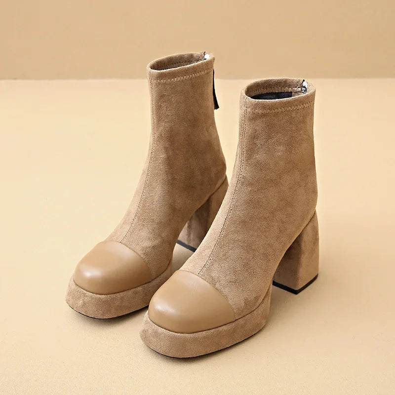 Women's suede chunky-heel platform boots with square-toe and back-zip
