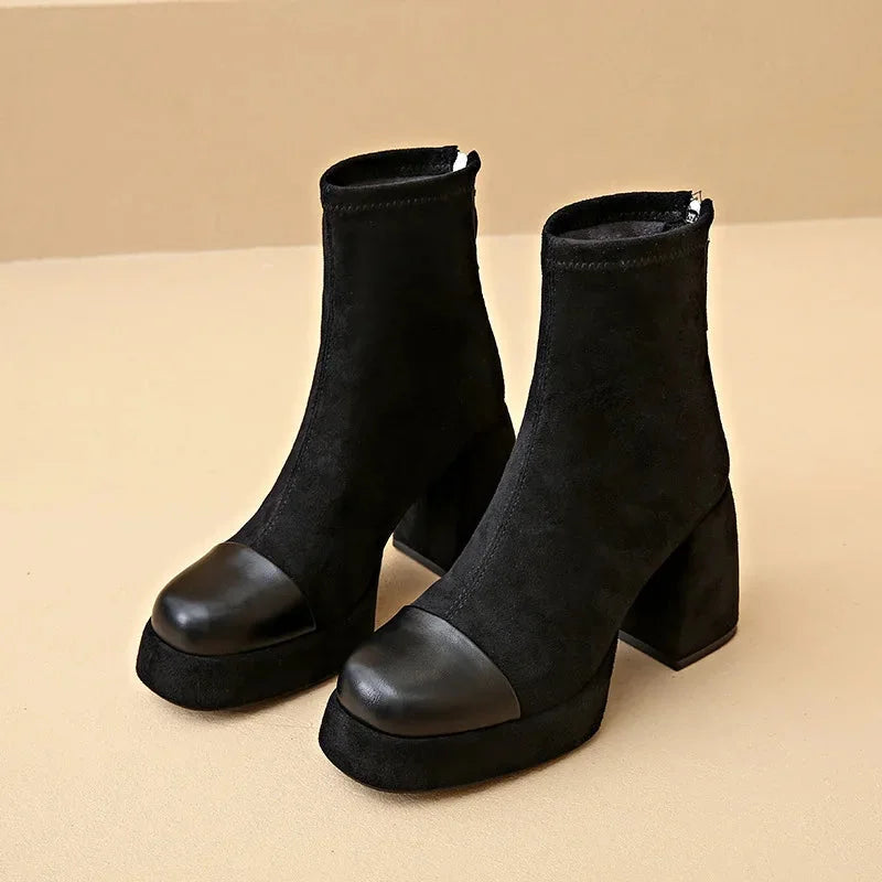 Women's suede chunky-heel platform boots with square-toe and back-zip