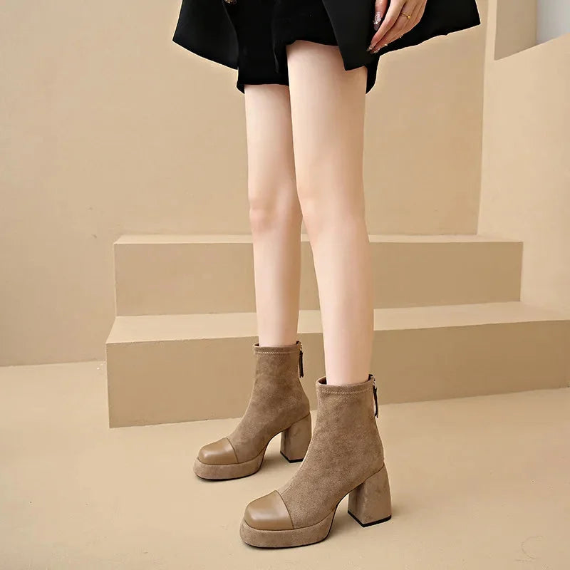 Women's suede chunky-heel platform boots with square-toe and back-zip – Apricot