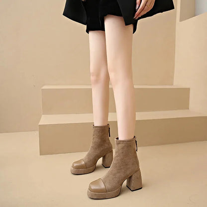Women's suede chunky-heel platform boots with square-toe and back-zip – Apricot