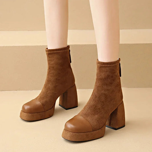 Women's suede chunky-heel platform boots with square-toe and back-zip – Brown