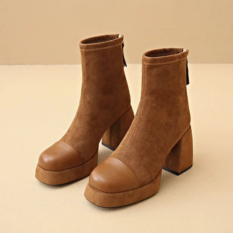 Women's suede chunky-heel platform boots with square-toe and back-zip