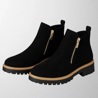 Women's suede chunky-sole ankle boot with round toe and tone side zip