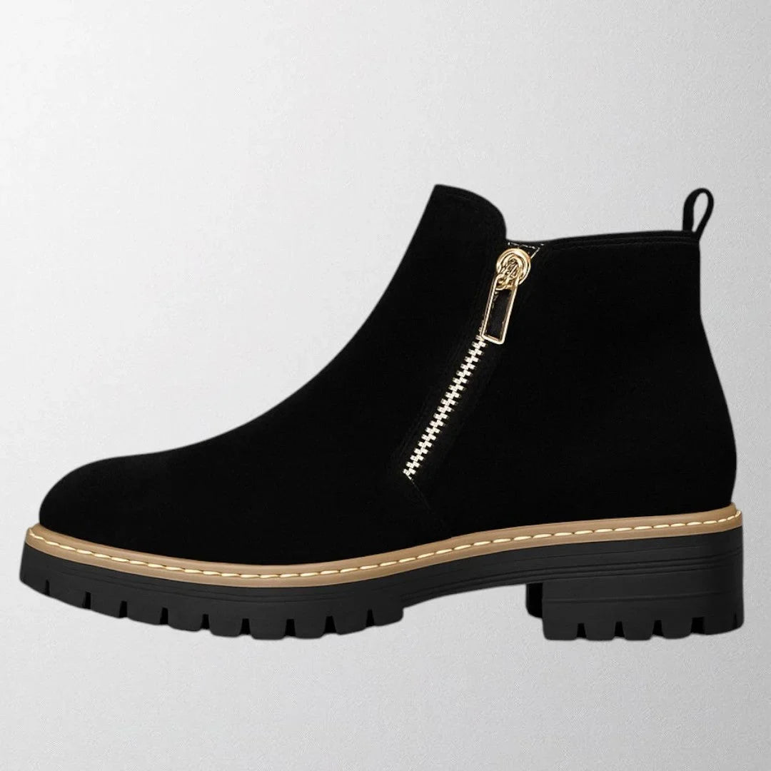 Women's suede chunky-sole ankle boot with round toe and tone side zip – Black