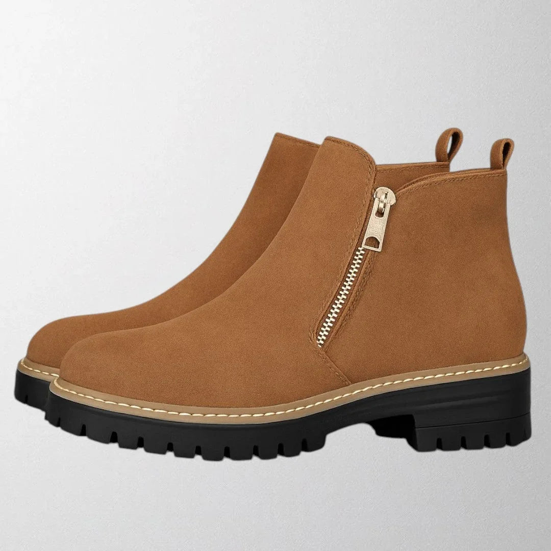 Women's suede chunky-sole ankle boot with round toe and tone side zip – Brown