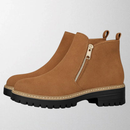 Women's suede chunky-sole ankle boot with round toe and tone side zip – Brown