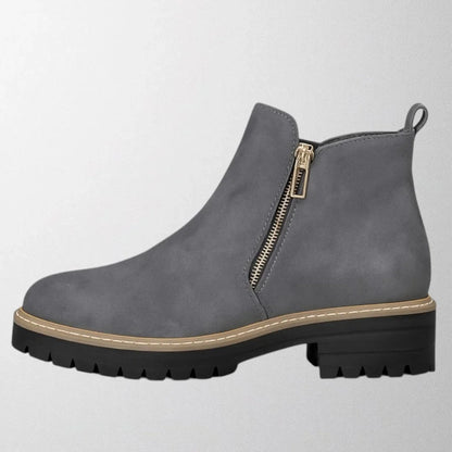 Women's suede chunky-sole ankle boot with round toe and tone side zip – Grey