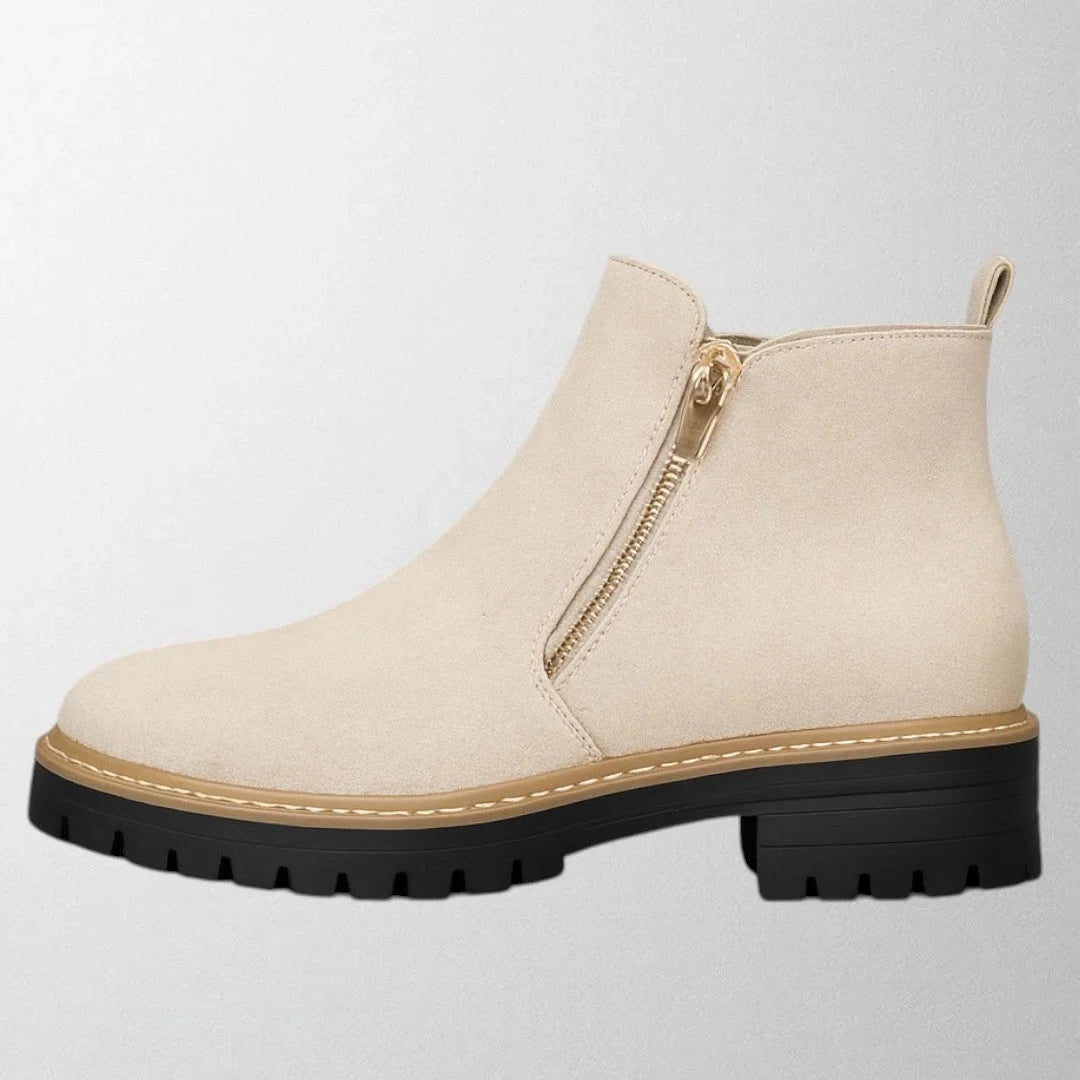 Women's suede chunky-sole ankle boot with round toe and tone side zip – Ivory