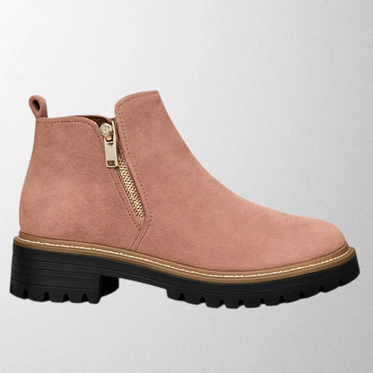 Women's suede chunky-sole ankle boot with round toe and tone side zip – Pink