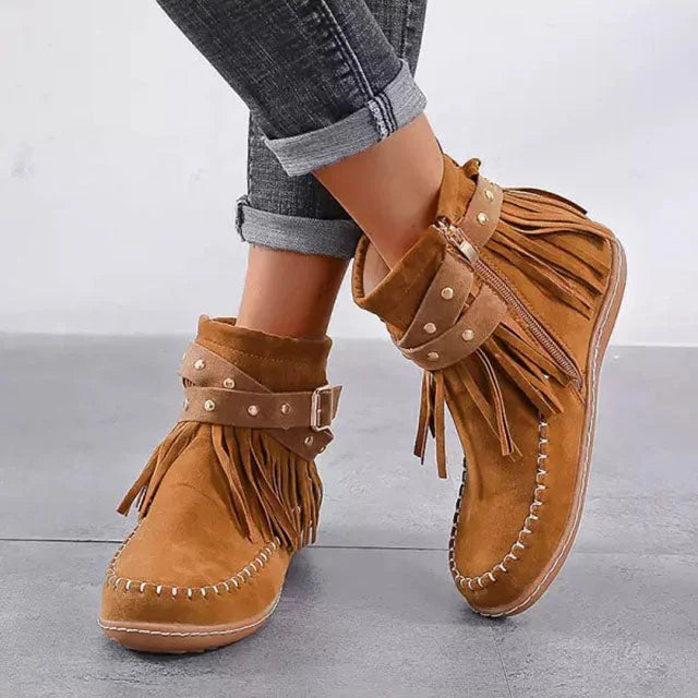 Women's suede fringe studded ankle boot with side zipper and buckle strap