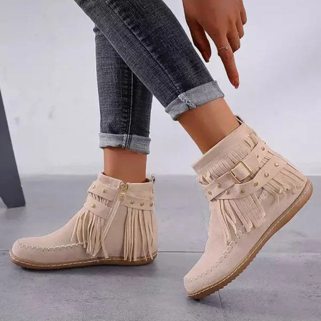 Women's suede fringe studded ankle boot with side zipper and buckle strap – Beige
