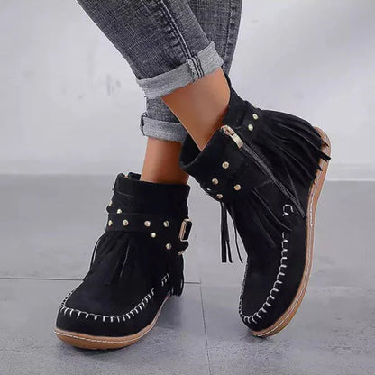 Women's suede fringe studded ankle boot with side zipper and buckle strap – Black