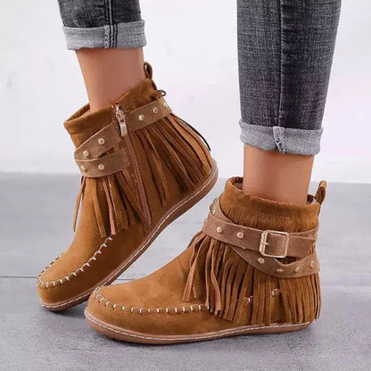 Women's suede fringe studded ankle boot with side zipper and buckle strap – Brown