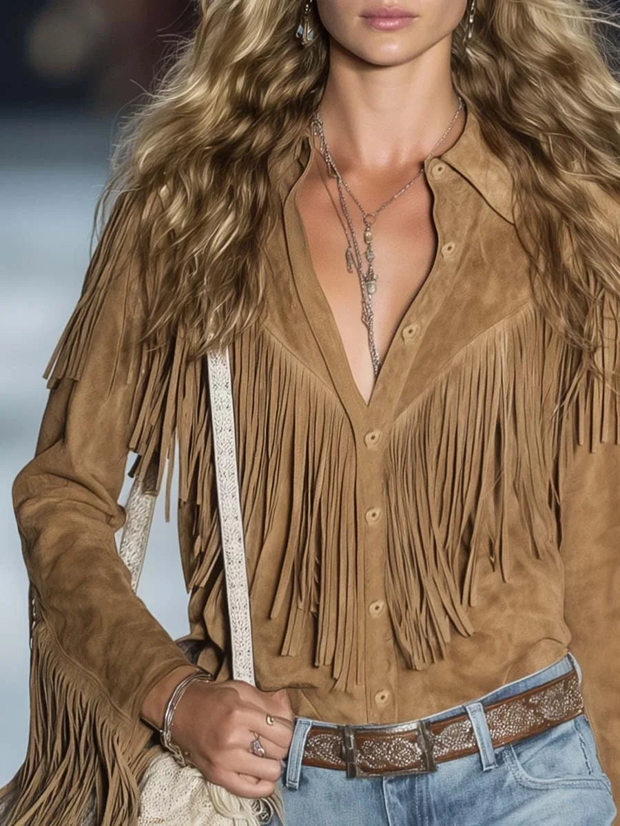 Women's suede fringe western long-sleeve collared shirt with button-front – Light Brown