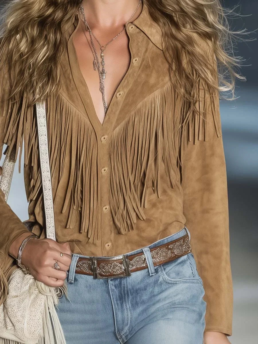 Women's suede fringe western long-sleeve collared shirt with button-front – Light Brown
