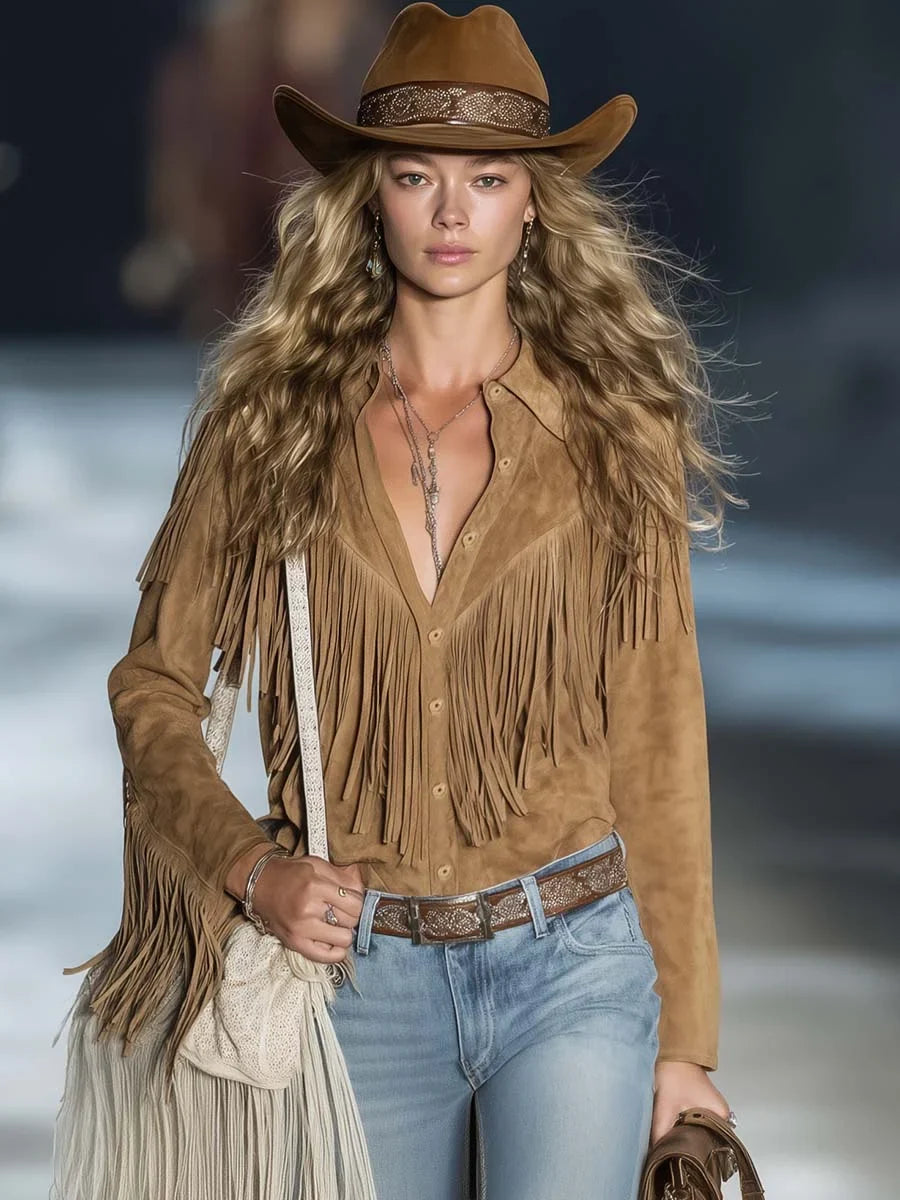 Women's suede fringe western long-sleeve collared shirt with button-front – Light Brown