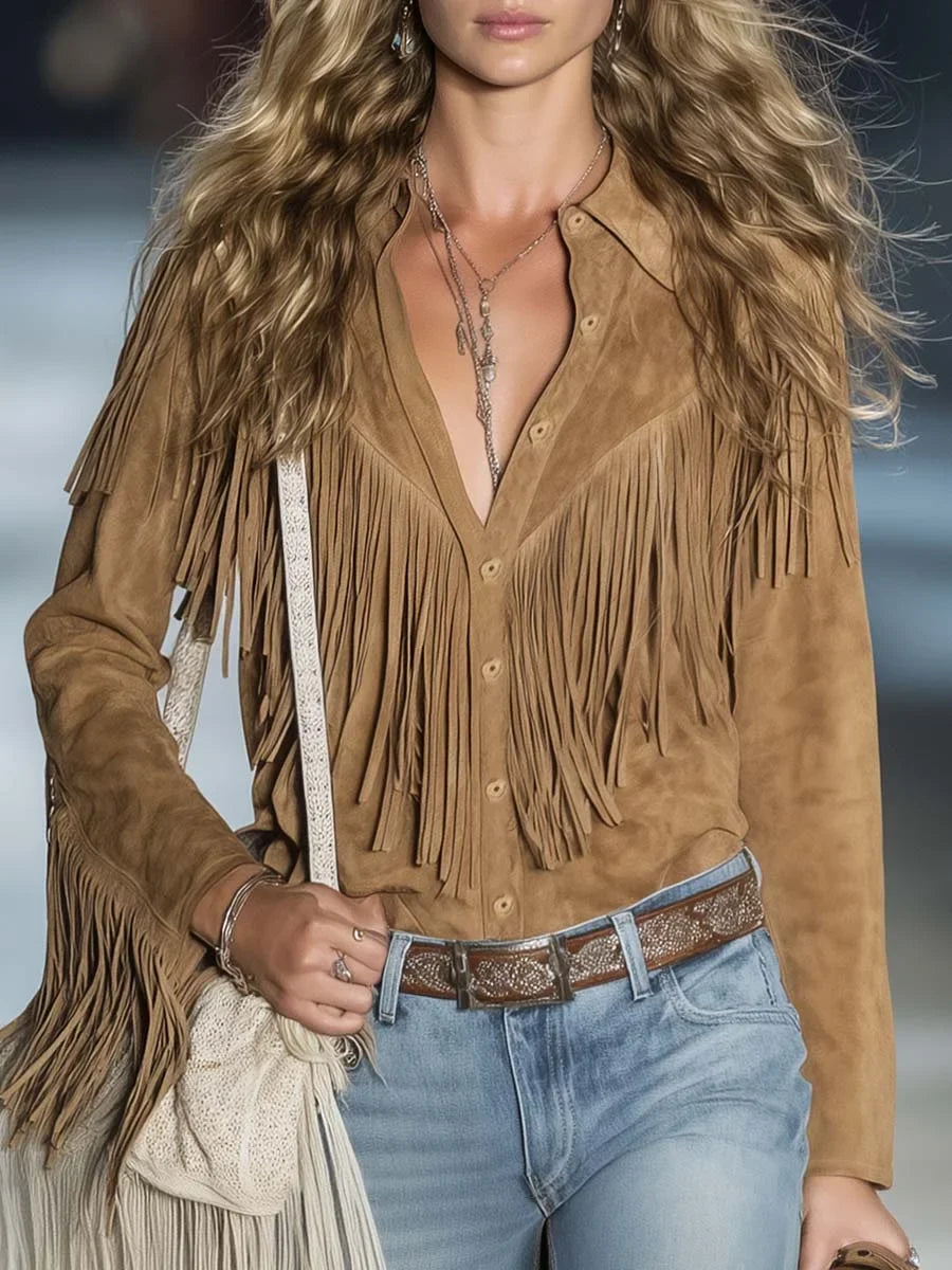 Women's suede fringe western long-sleeve collared shirt with button-front – Light Brown
