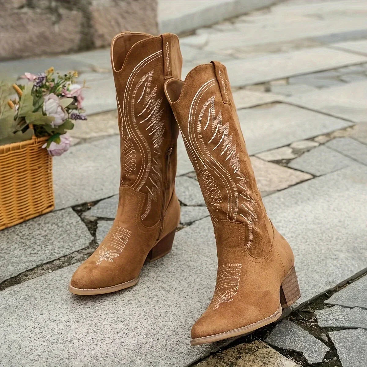 Women's suede knee-high cowboy boots with embroidered design and block heel