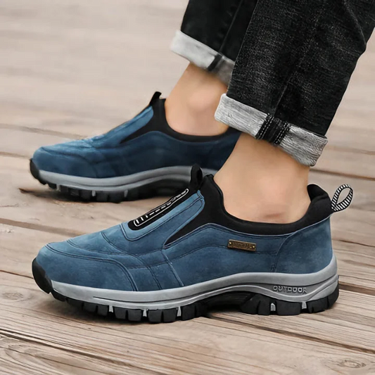 Women's suede-look slip-on comfort walking shoes with pull-tab and rugged sole