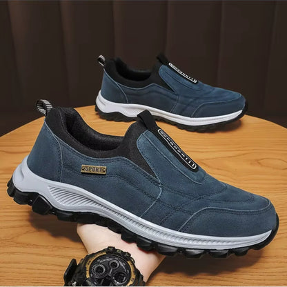 Women's suede-look slip-on comfort walking shoes with pull-tab and rugged sole
