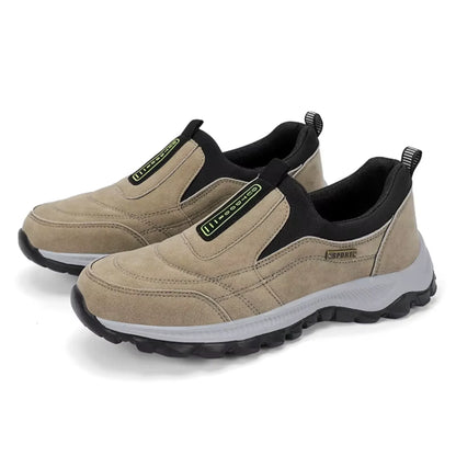 Women's suede-look slip-on comfort walking shoes with pull-tab and rugged sole