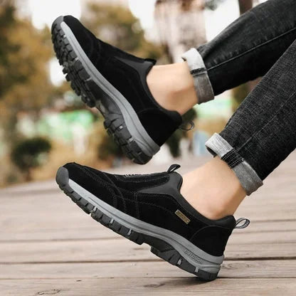 Women's suede-look slip-on comfort walking shoes with pull-tab and rugged sole