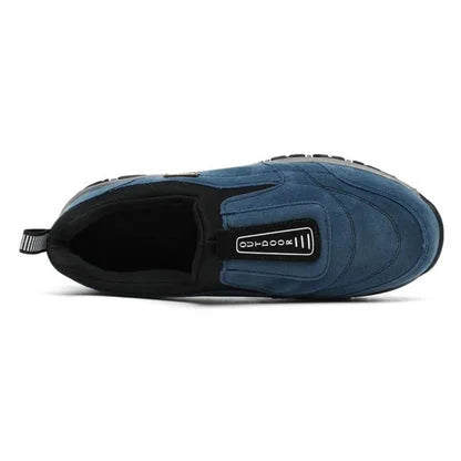 Women's suede-look slip-on comfort walking shoes with pull-tab and rugged sole