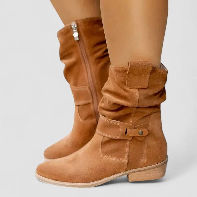 Women's suede comfort slouchy ankle boots with zipper and buckle detail