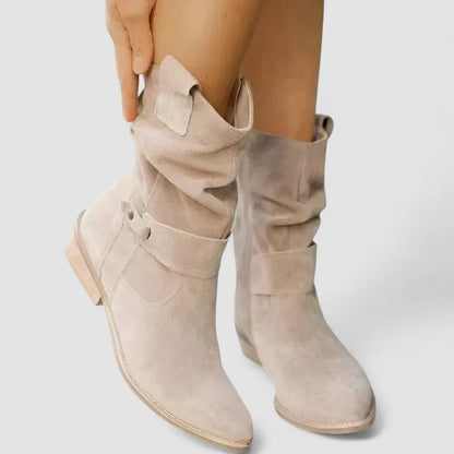 Women's suede comfort slouchy ankle boots with zipper and buckle detail