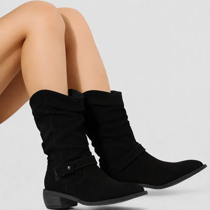 Women's suede comfort slouchy ankle boots with zipper and buckle detail